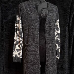 Open Front Cardigan with Animal Print Sleeves